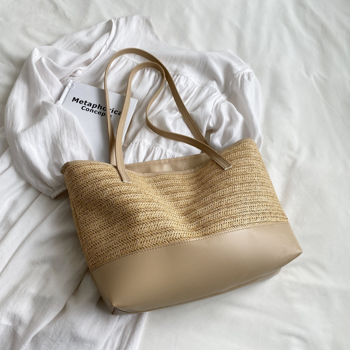 Atreoo – Straw Weave Leather Strap Tote Bag
