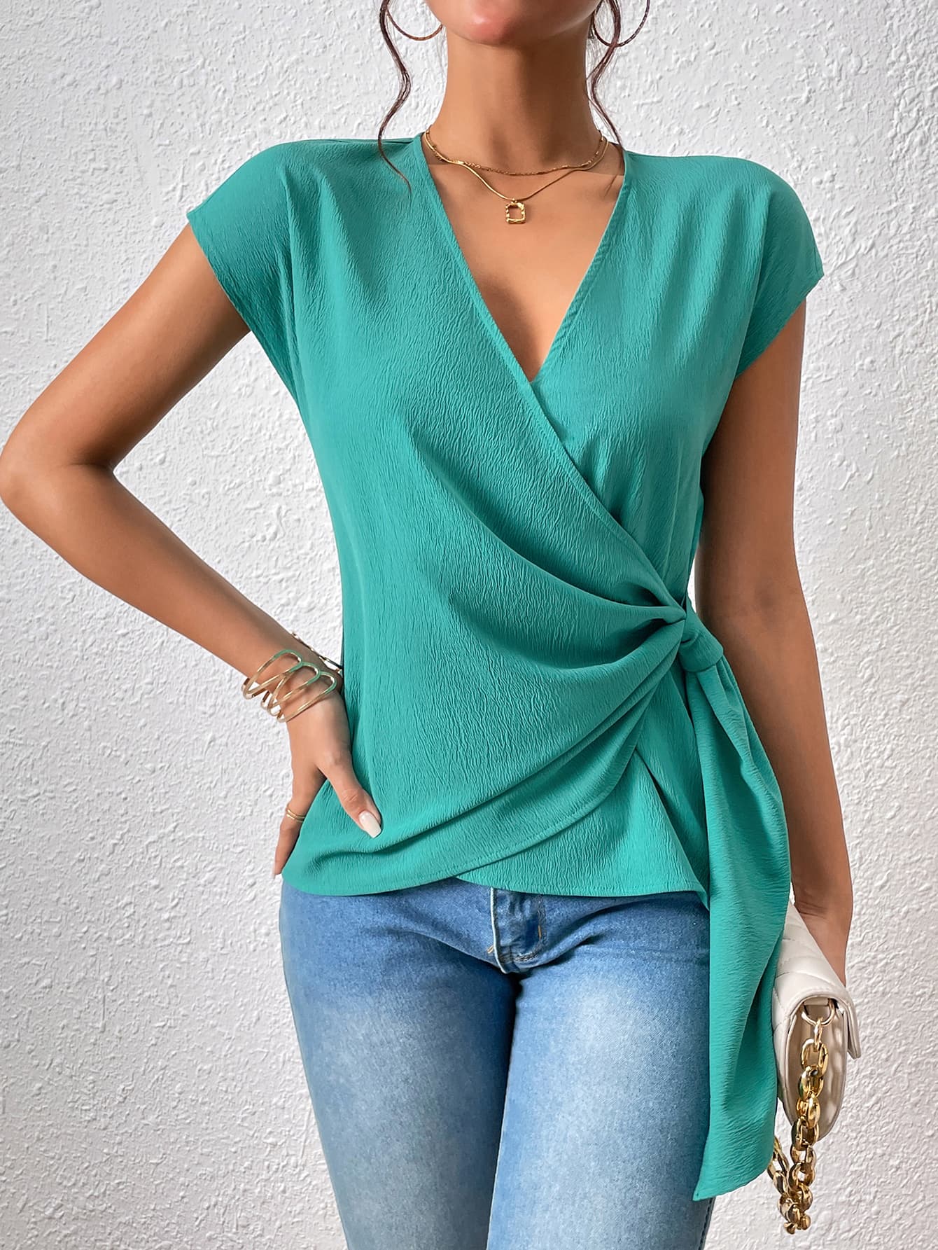 Atreoo – Honey Tied Surplice Neck Short Sleeve Blouse