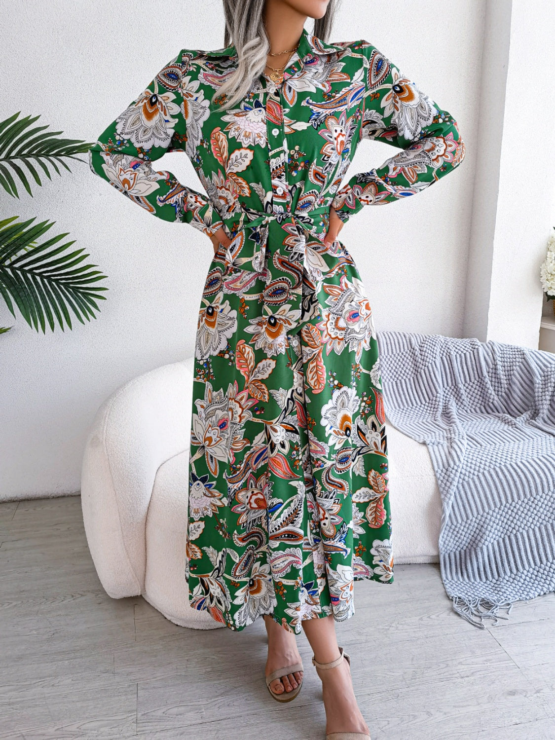 Atreoo – Tied Printed Long Sleeve Midi Dress