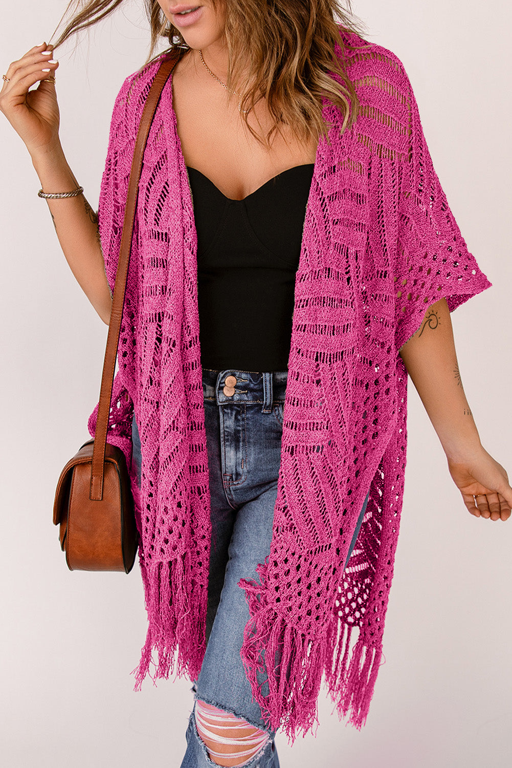 Atreoo – Openwork Open Front Cardigan with Fringes