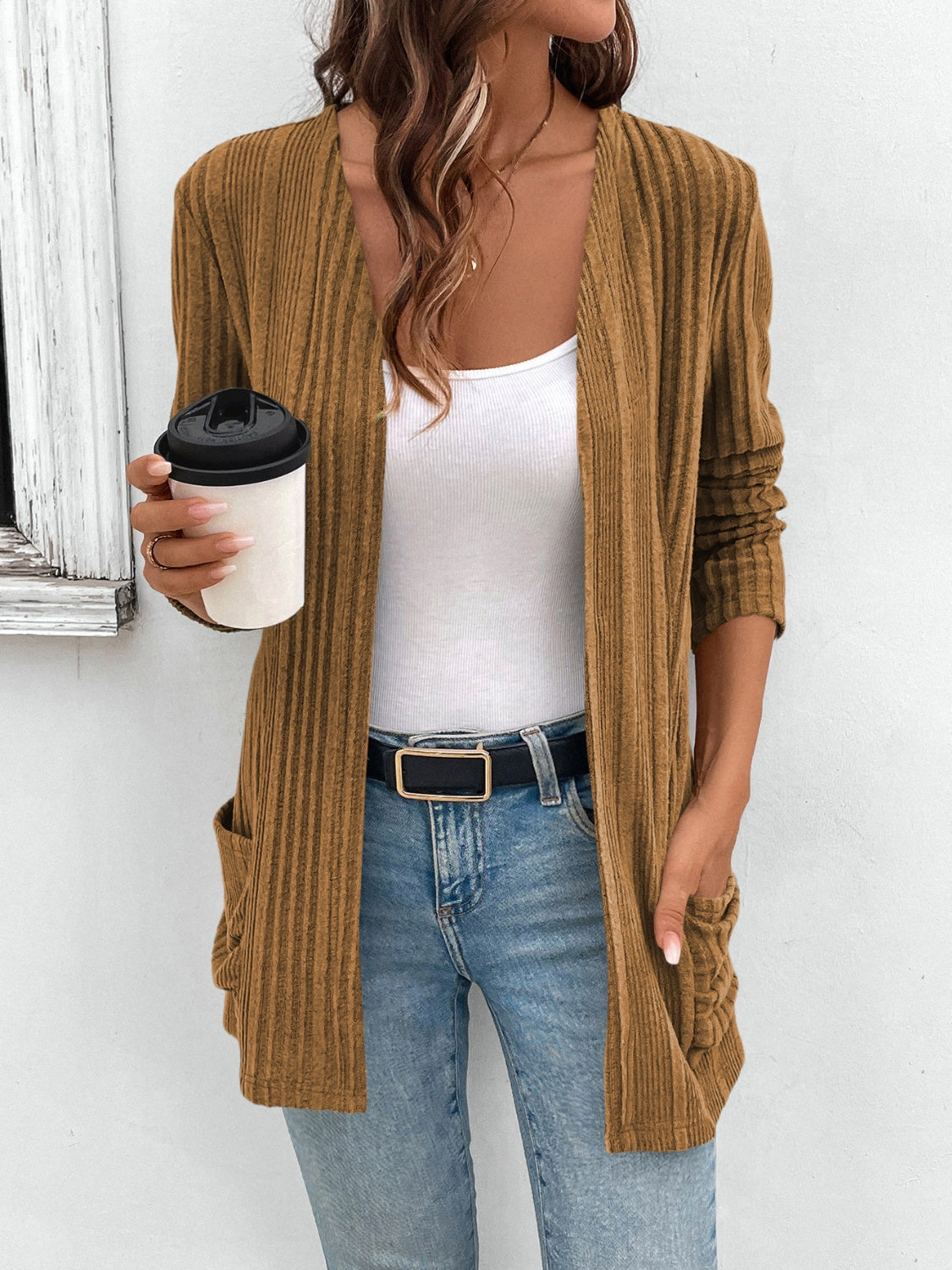 Atreoo – Pocketed Open Front Long Sleeve Cardigan