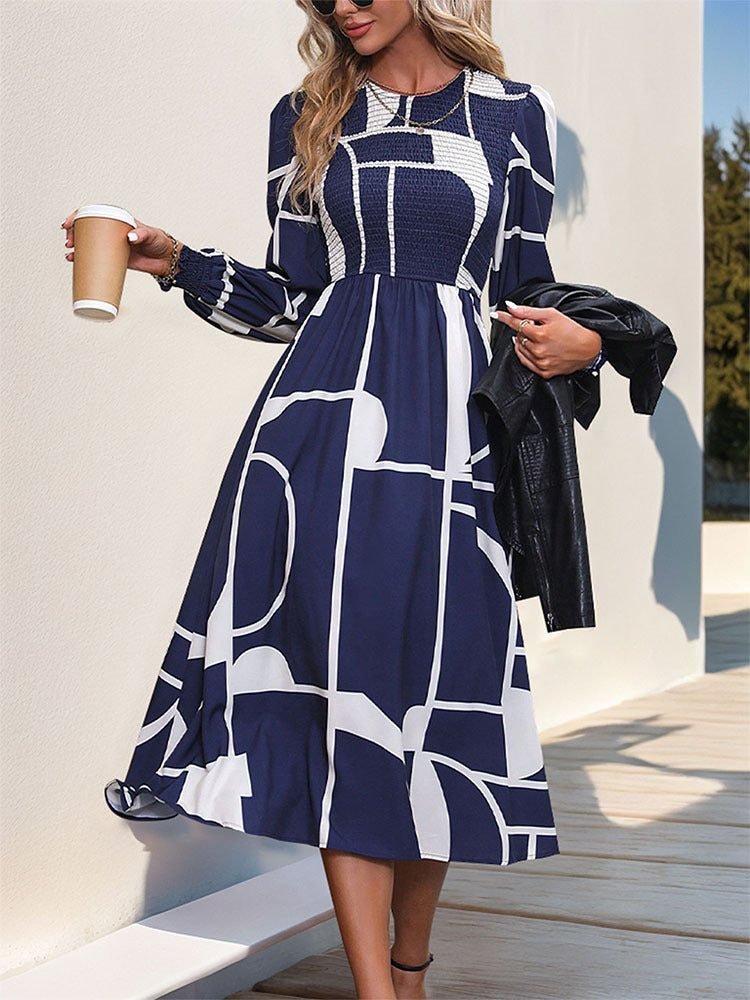 Atreoo – Perfee Smocked Color Block Long Sleeve Midi Dress