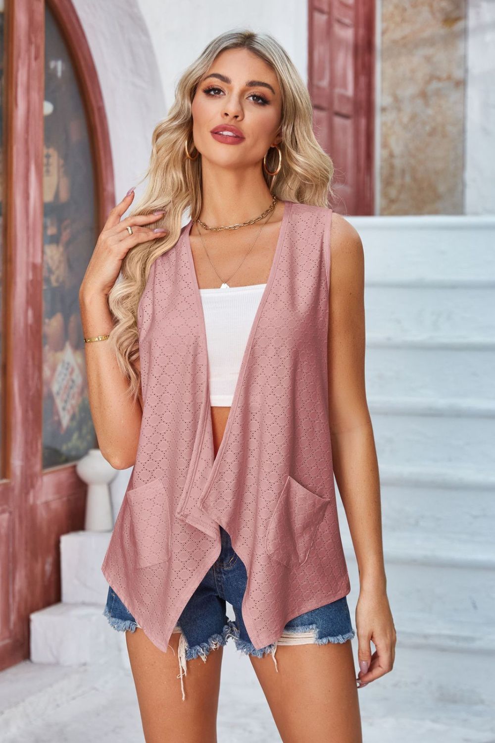 Atreoo – Eyelet Open Front Sleeveless Cardigan