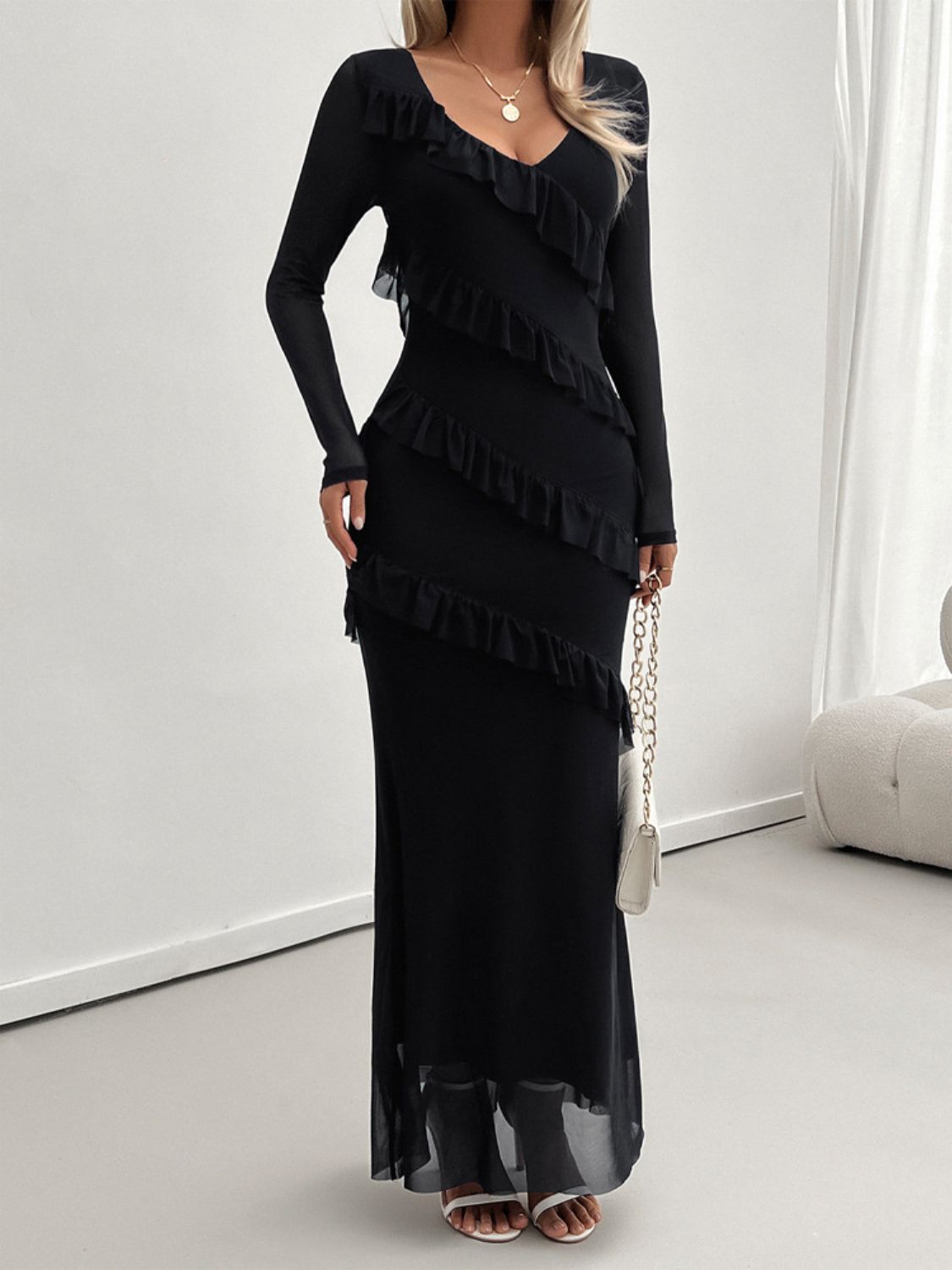 Atreoo – Devine Ruffled Surplice Long Sleeve Maxi Dress