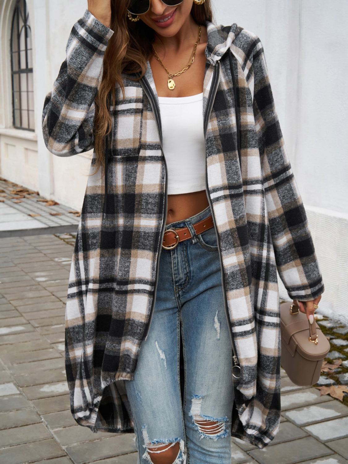 Atreoo – Devine Plaid Zip Up Hooded Coat