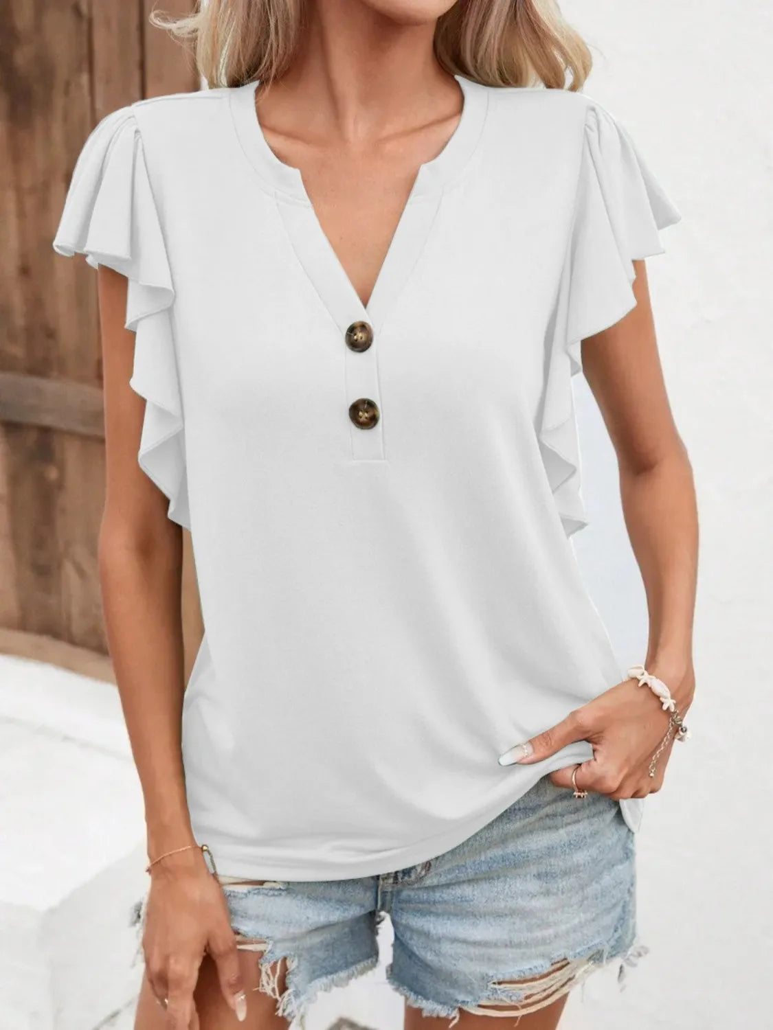 Atreoo – Full Size Ruffled Notched Cap Sleeve Blouse Plus Size