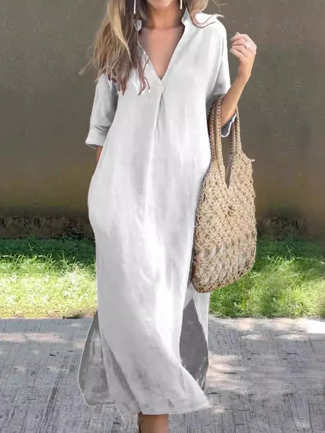 Atreoo – Full Size Notched Half Sleeve Midi Dress