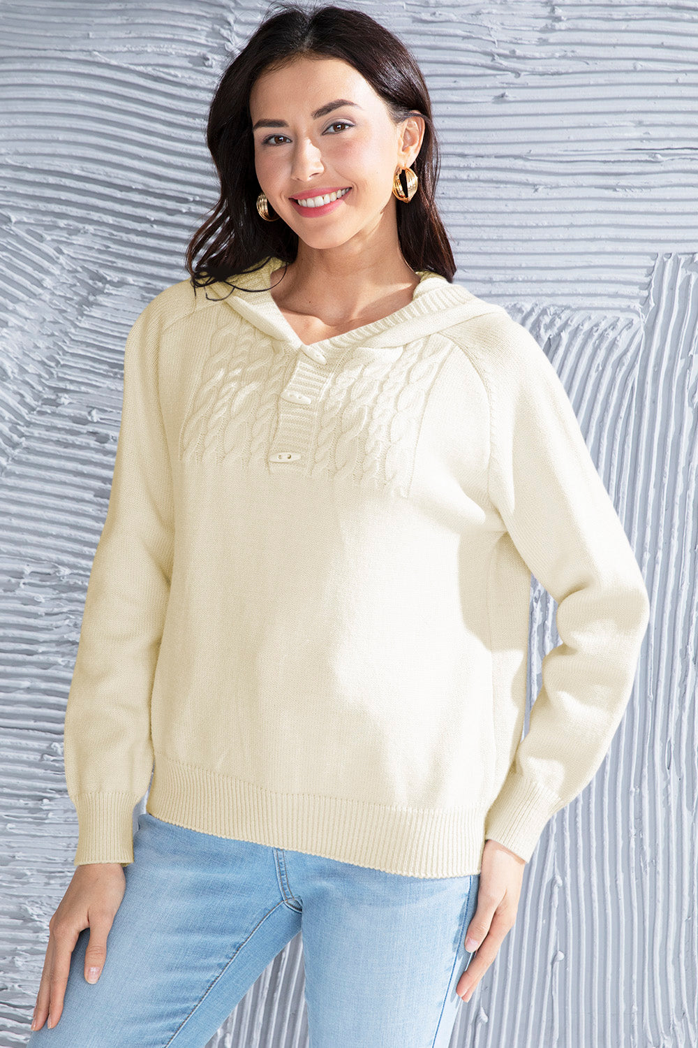 Atreoo – Cable Knit Long Sleeve Hooded Sweater