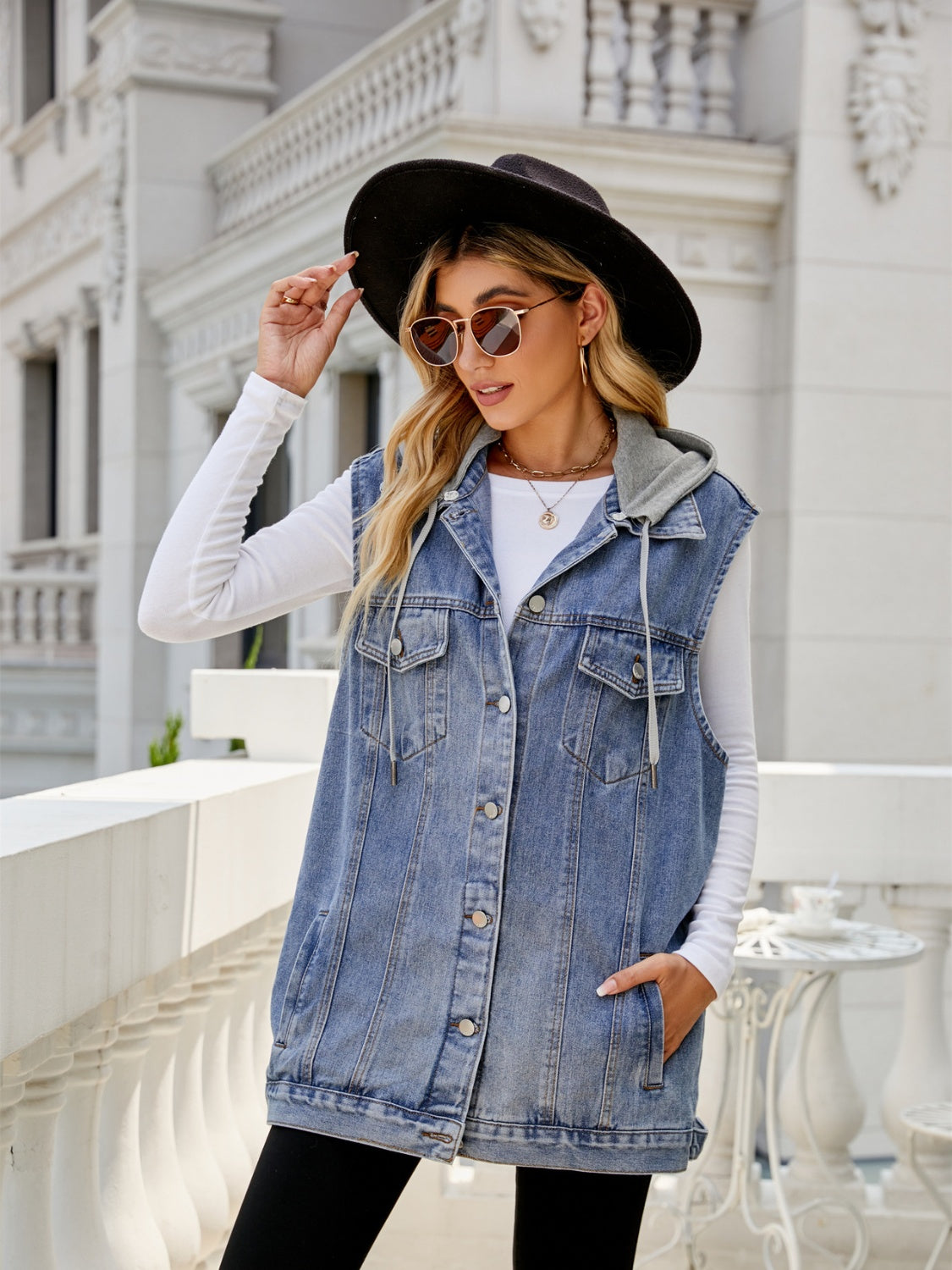 Atreoo – Drawstring Pocketed Button Up Sleeveless Denim Jacket