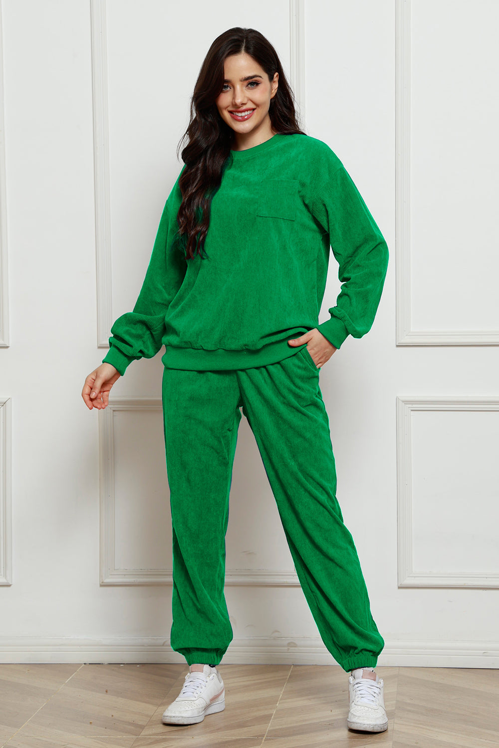 Atreoo – Corduroy Round Neck Sweatshirt and Sweatpants Set