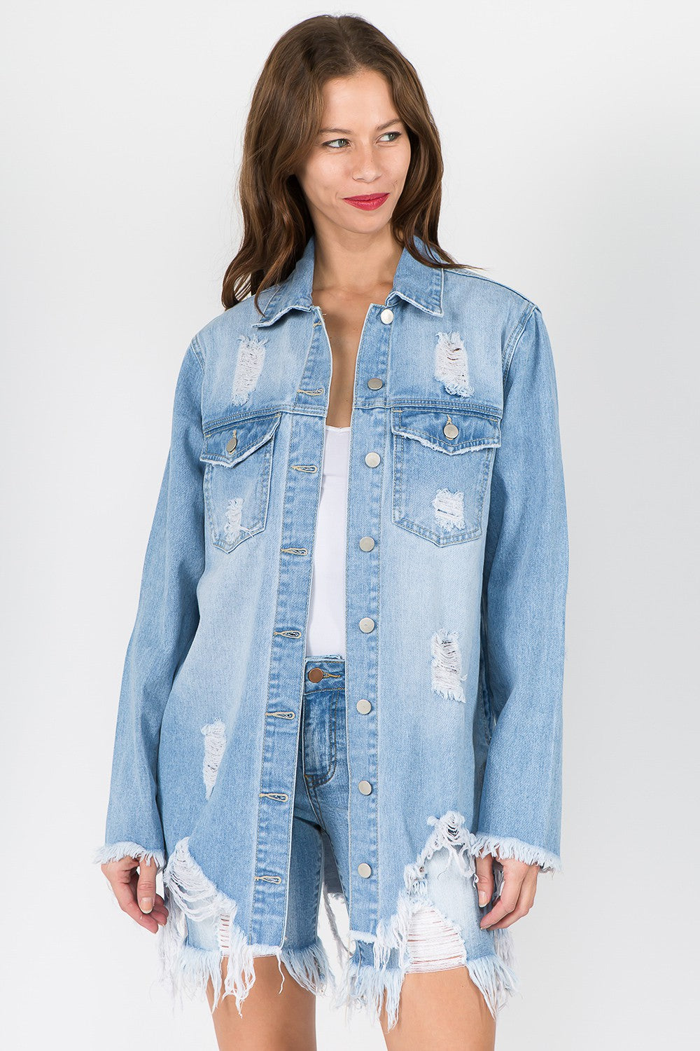 American Bazi Distressed Frayed Hem Denim Jacket - Atreoo.com