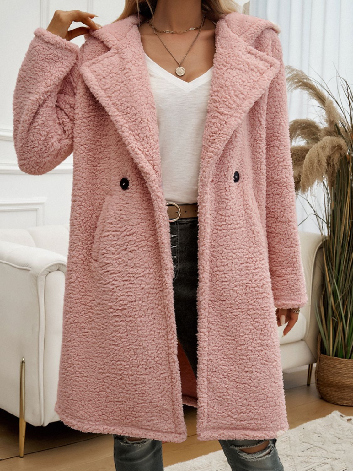 Atreoo – Devine Pocketed Long Sleeve Hooded Teddy Coat