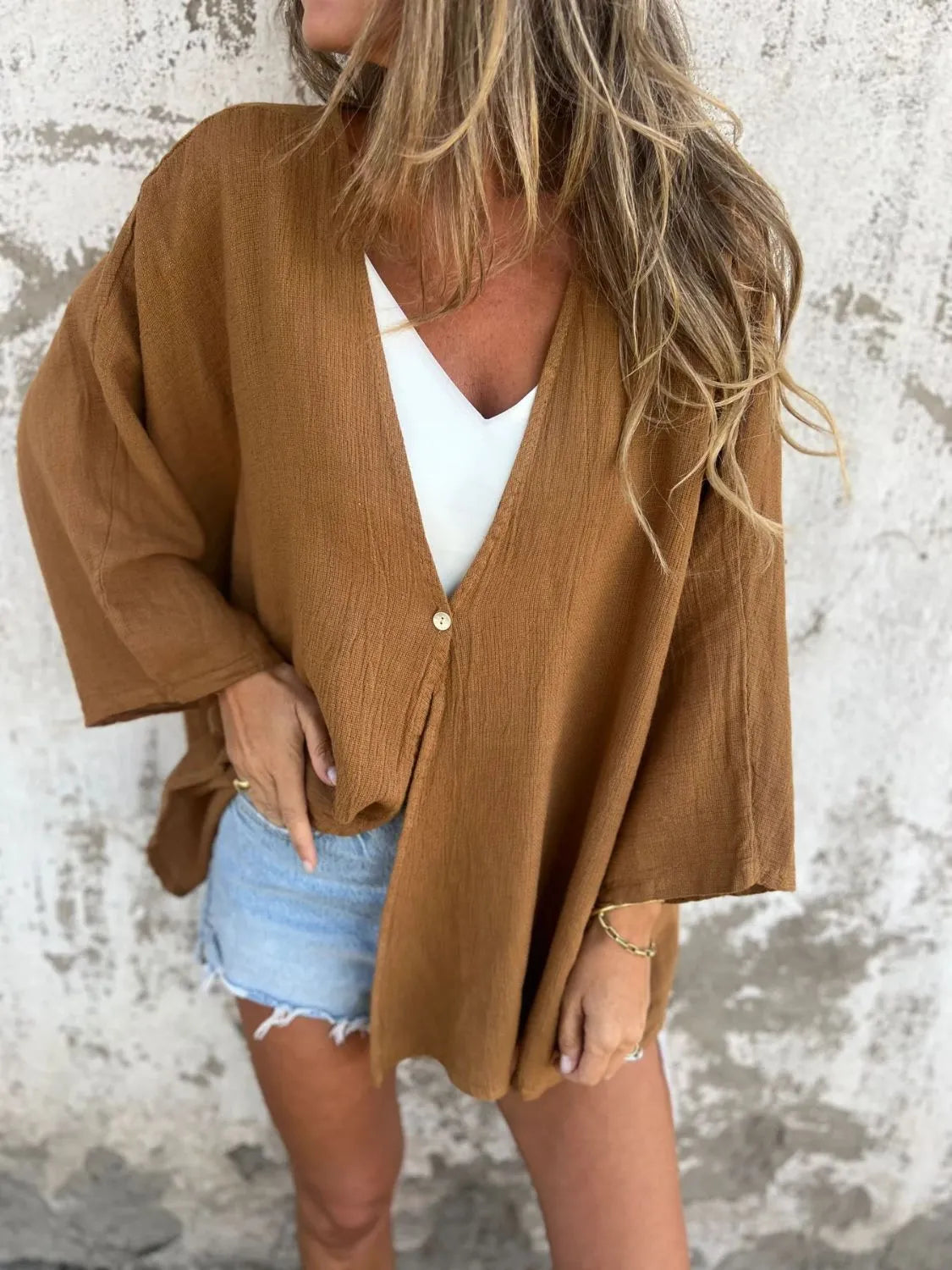 Atreoo – Full Size One Button Long Sleeve Shirt Plus Size