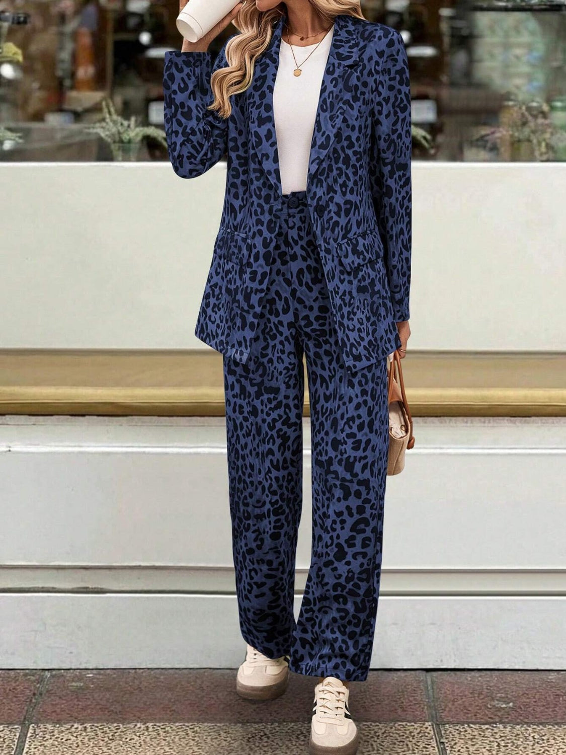 Atreoo – Full Size Leopard Lapel Collar Long Sleeve Blazer and Pants Set