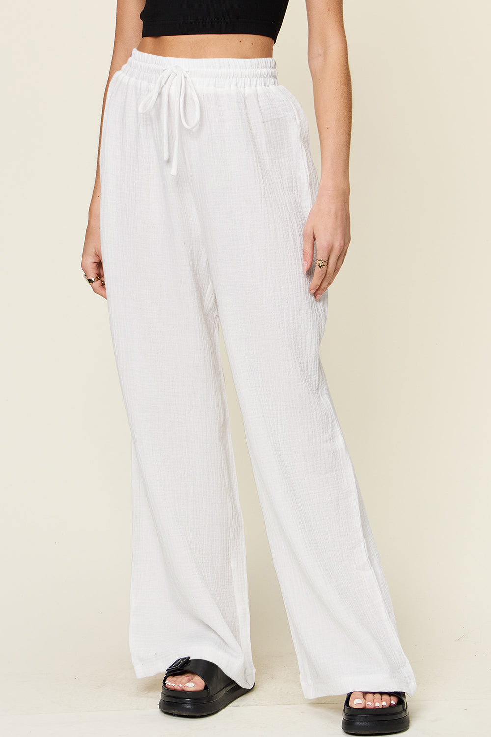 Atreoo – Double Take Full Size Texture Drawstring Wide Leg Pants