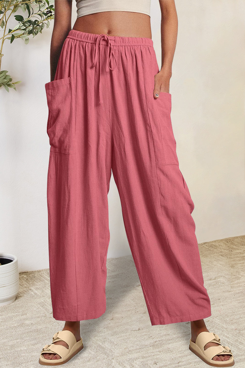 Atreoo – Full Size Pocketed Drawstring Wide Leg Pants
