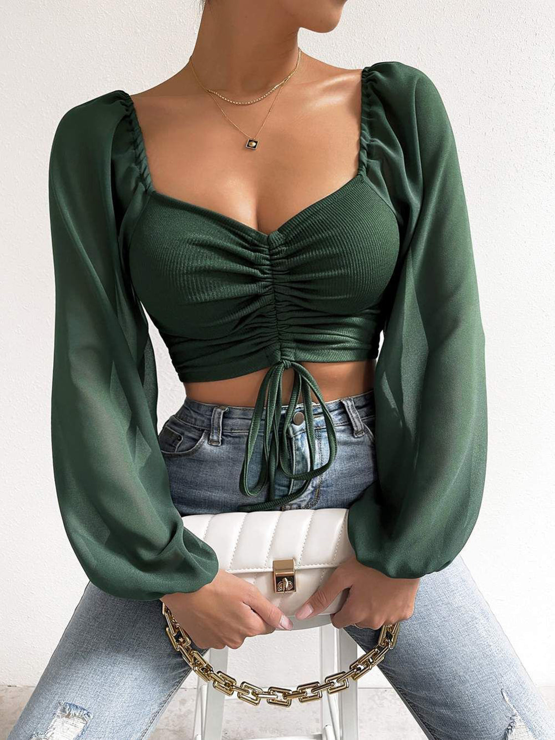 Atreoo – Drawstring Sweetheart Neck Cropped Top