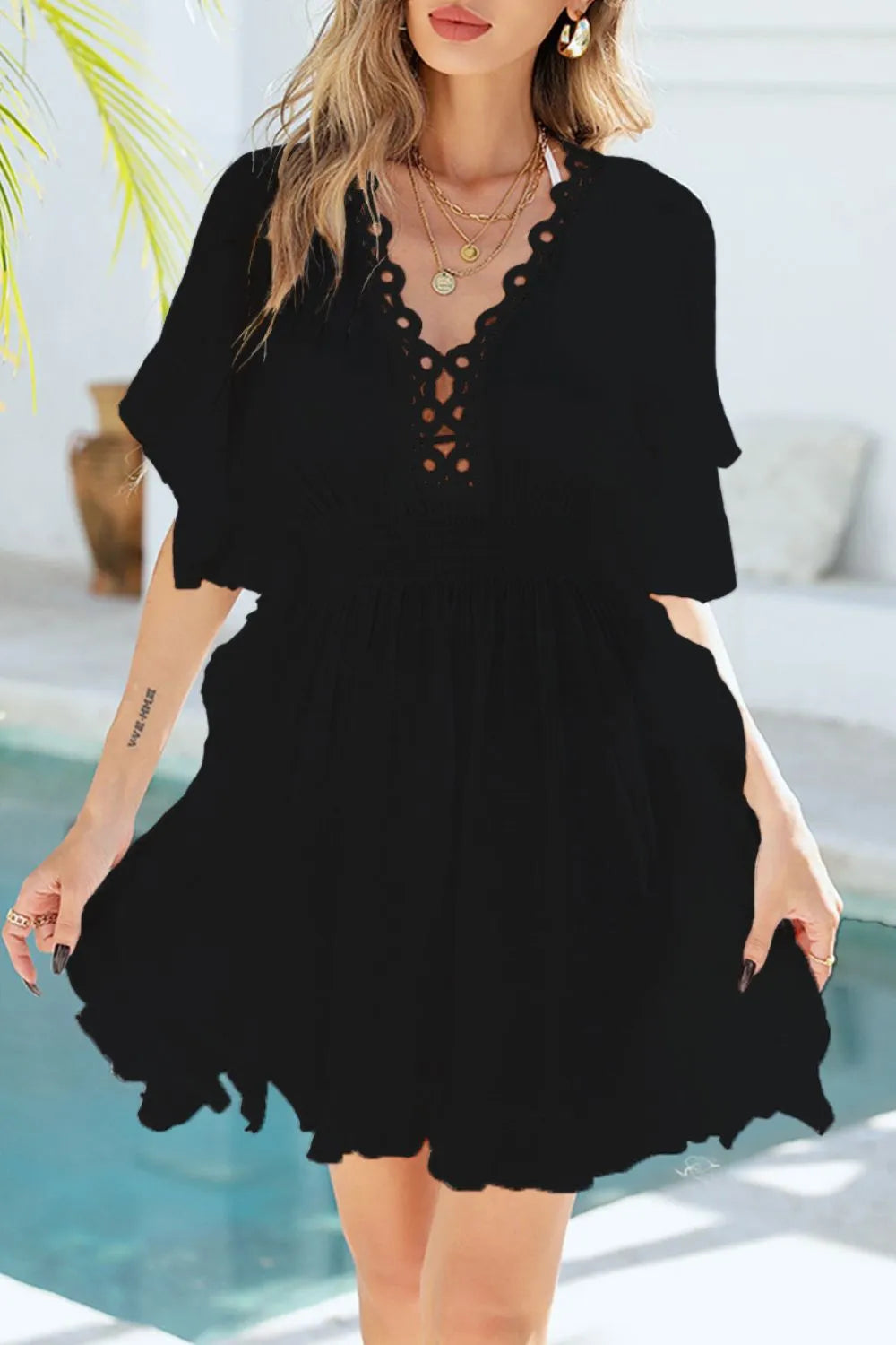 Atreoo – Ruffled Smocked Waist V-Neck Cover-Up