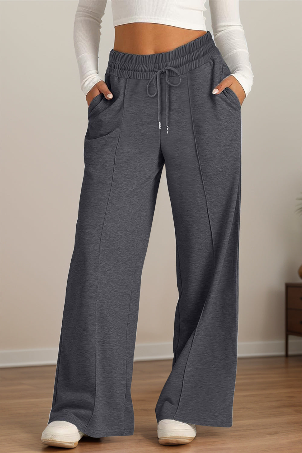 Atreoo – Drawstring Elastic Waist Wide Leg Pants