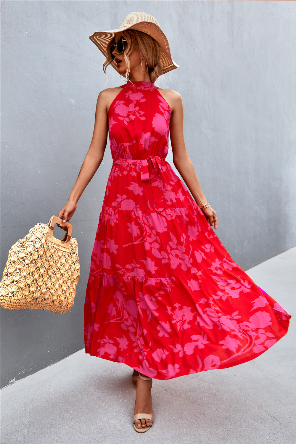 Atreoo – Printed Sleeveless Tie Waist Maxi Dress