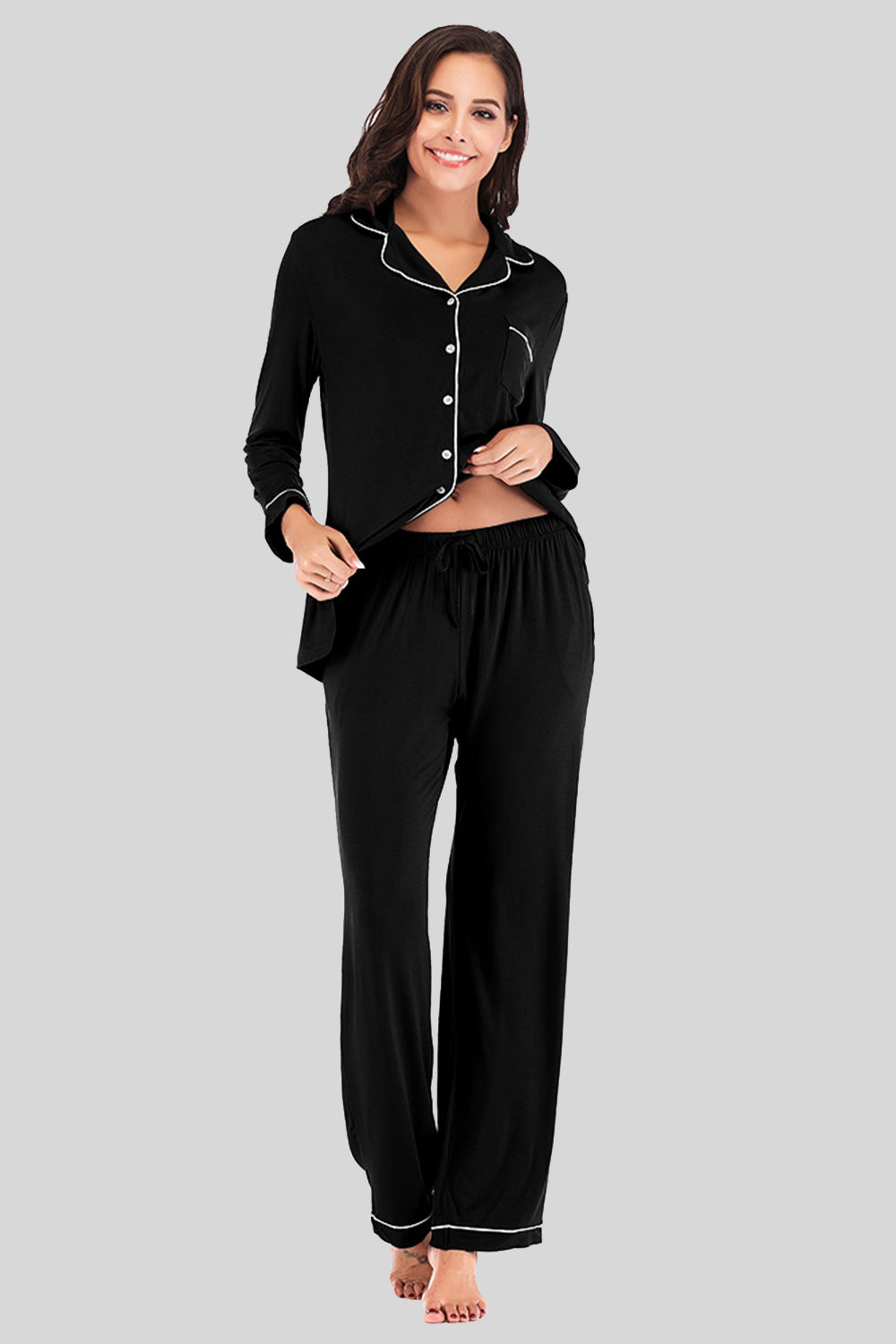 Atreoo – Collared Neck Long Sleeve Loungewear Set with Pockets