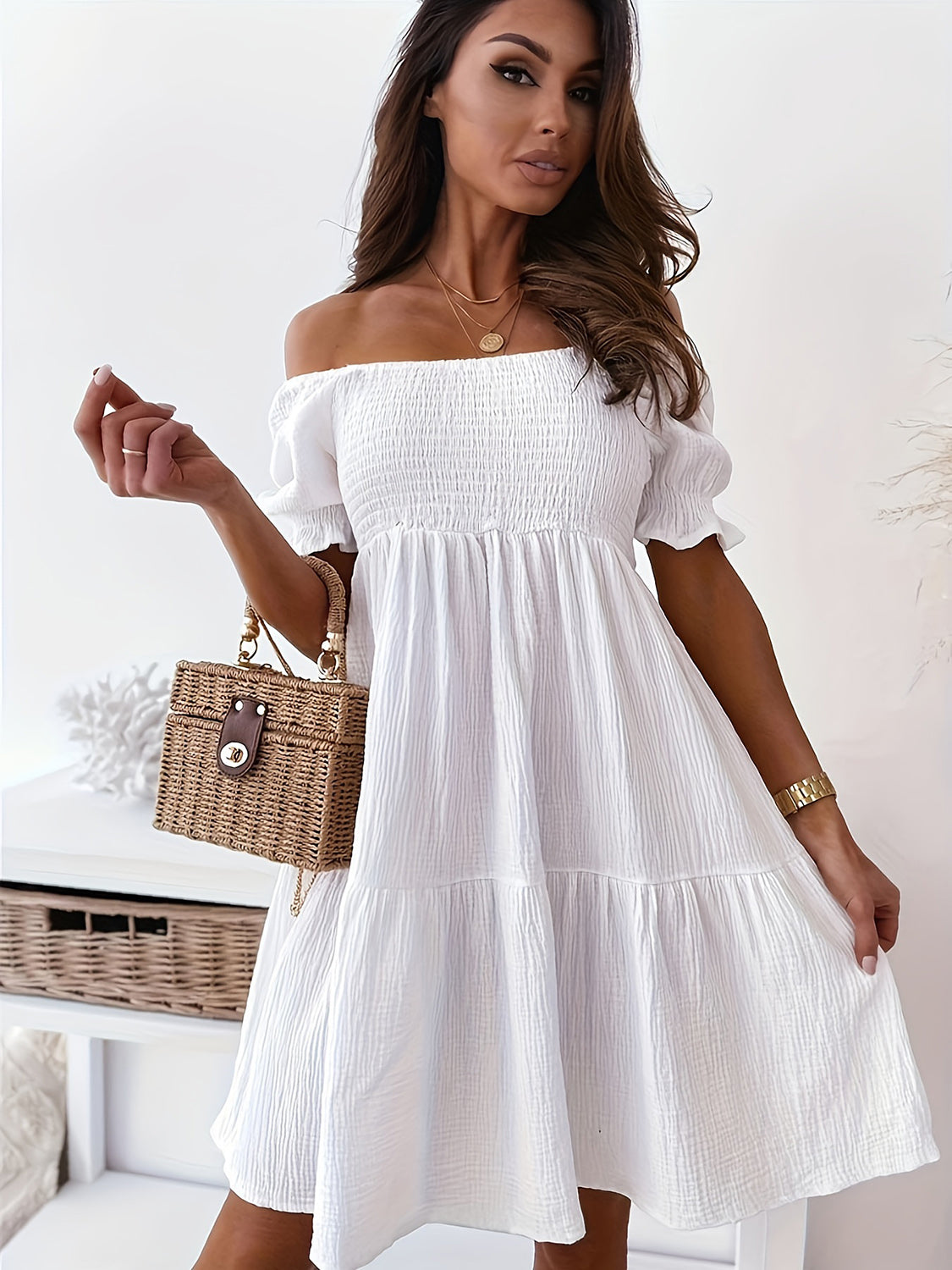 Atreoo – Full Size Ruffled Off-Shoulder Short Sleeve Dress