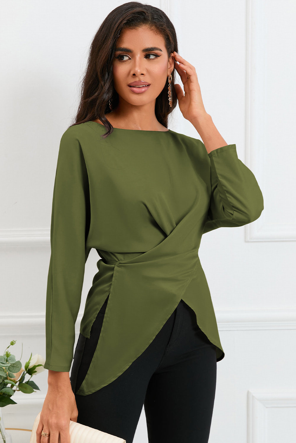 Atreoo – Boat Neck Back Tie Long Sleeve Satin Blouse