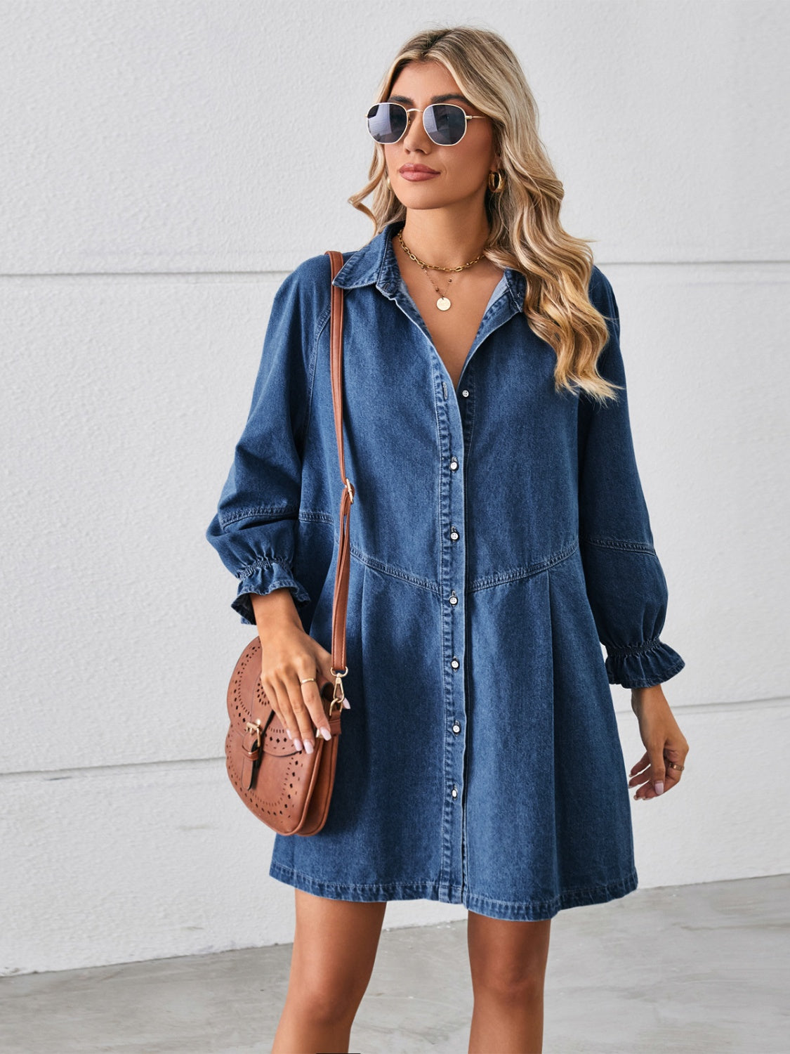Atreoo – Button Up Flounce Sleeve Mini Denim Dress