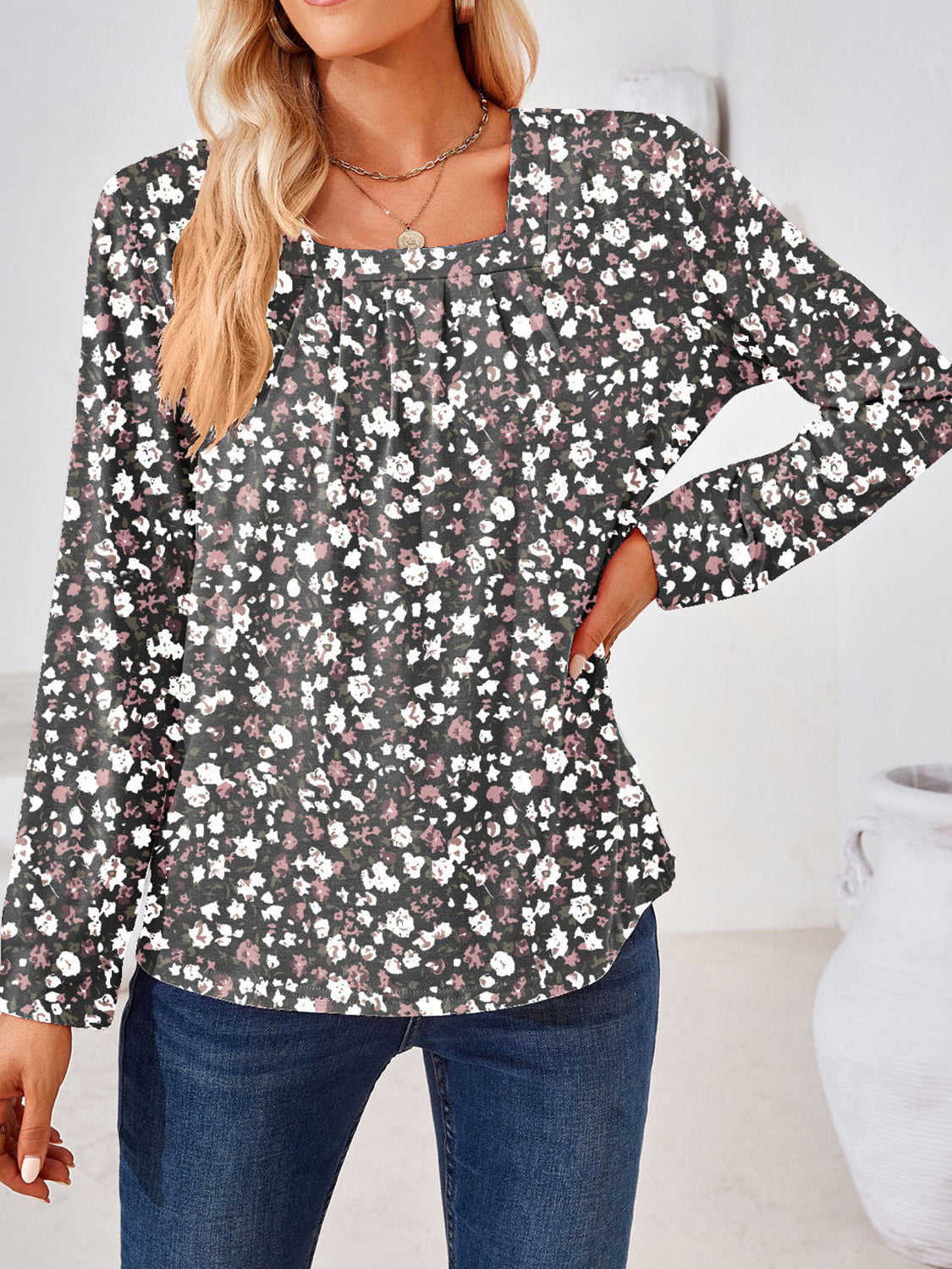 Atreoo – Full Size Square Neck Long Sleeve Blouse