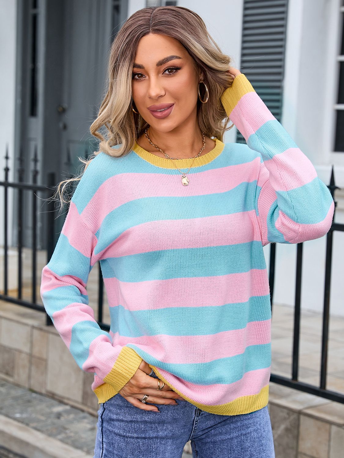 Atreoo – Angel Wings Striped Round Neck Dropped Shoulder Sweater
