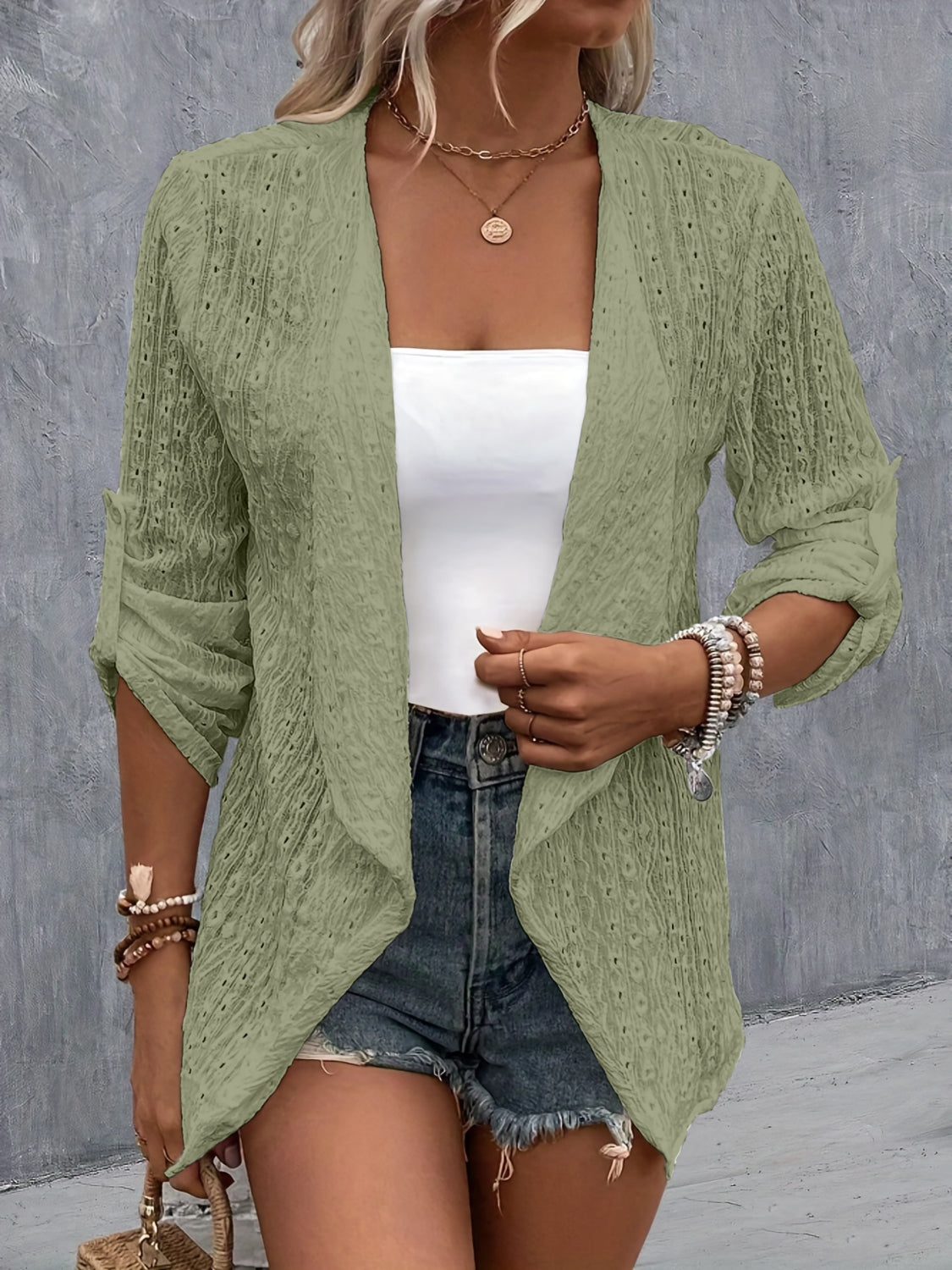 Atreoo – Eyelet Roll-Tab Sleeve Cardigan