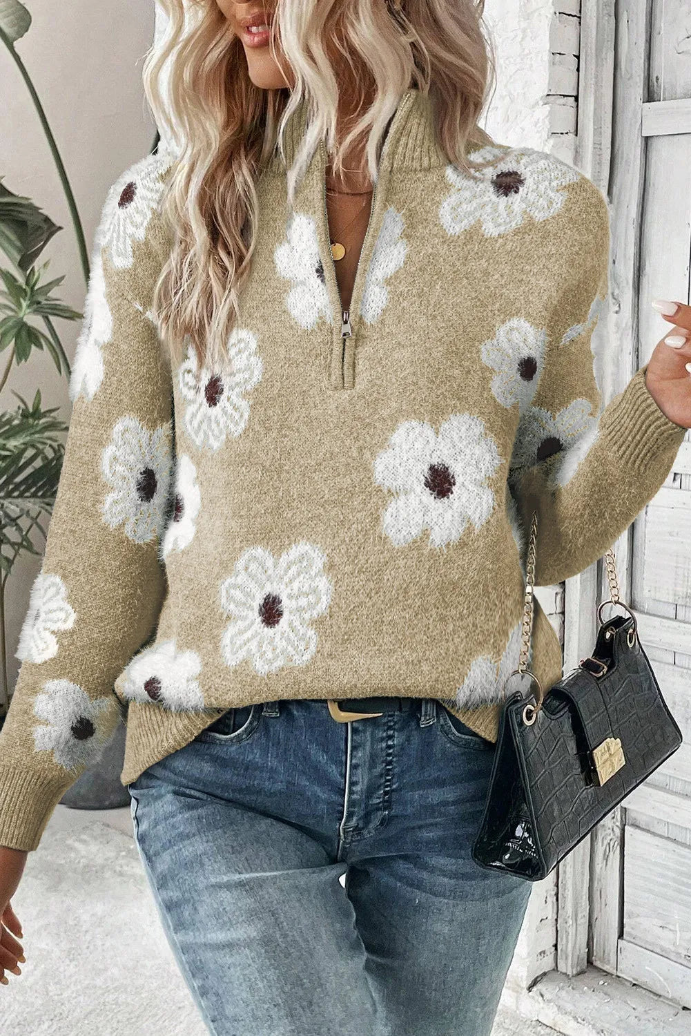 Atreoo – Flower Half Zip Long Sleeve Sweater