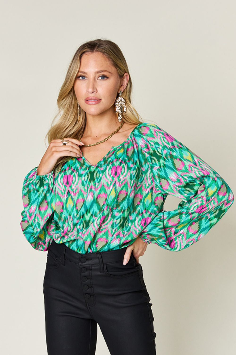 Atreoo – Double Take Full Size Printed Balloon Sleeve Blouse