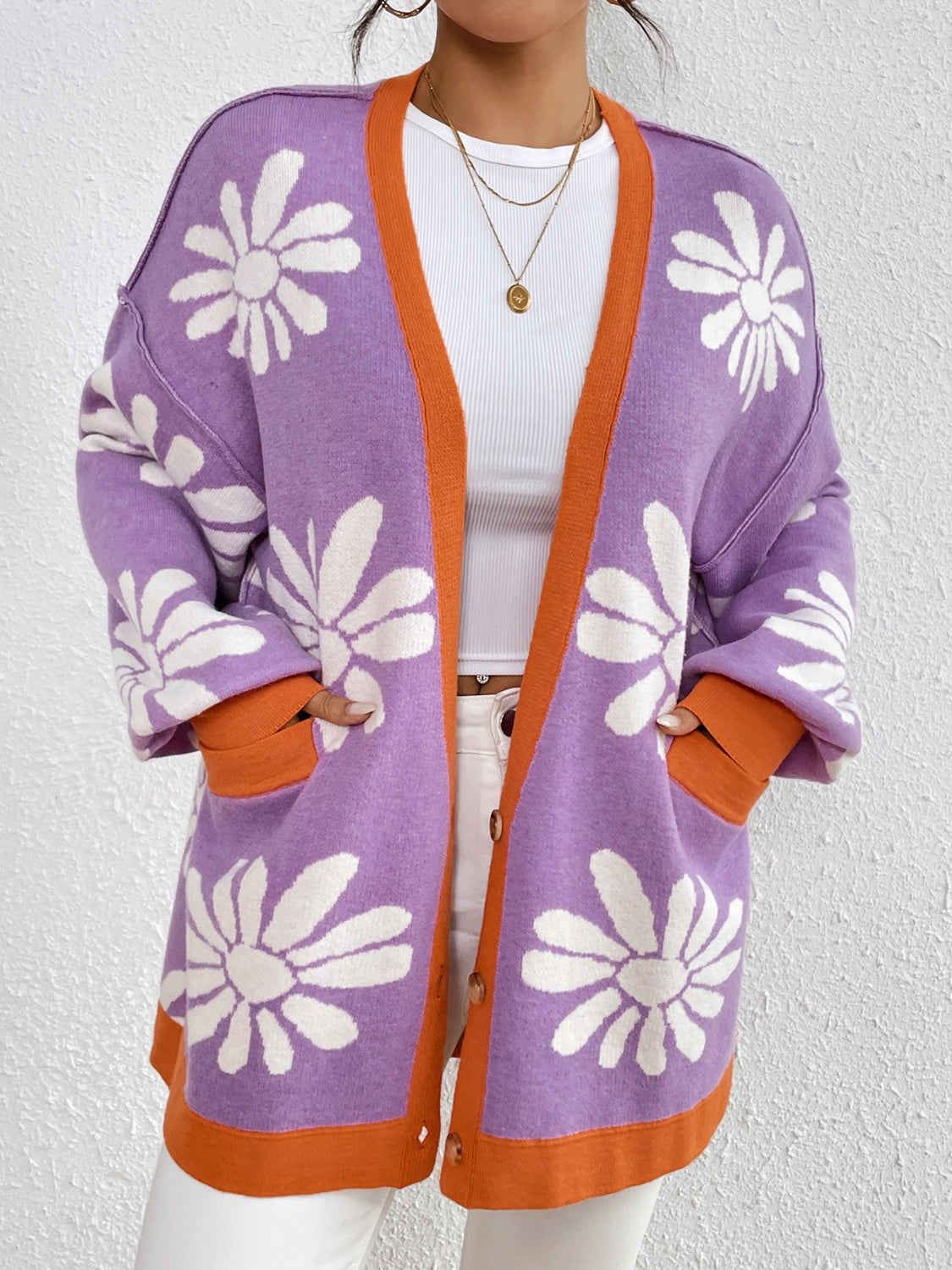 Atreoo – Contrast Dropped Shoulder Long Sleeve Cardigan