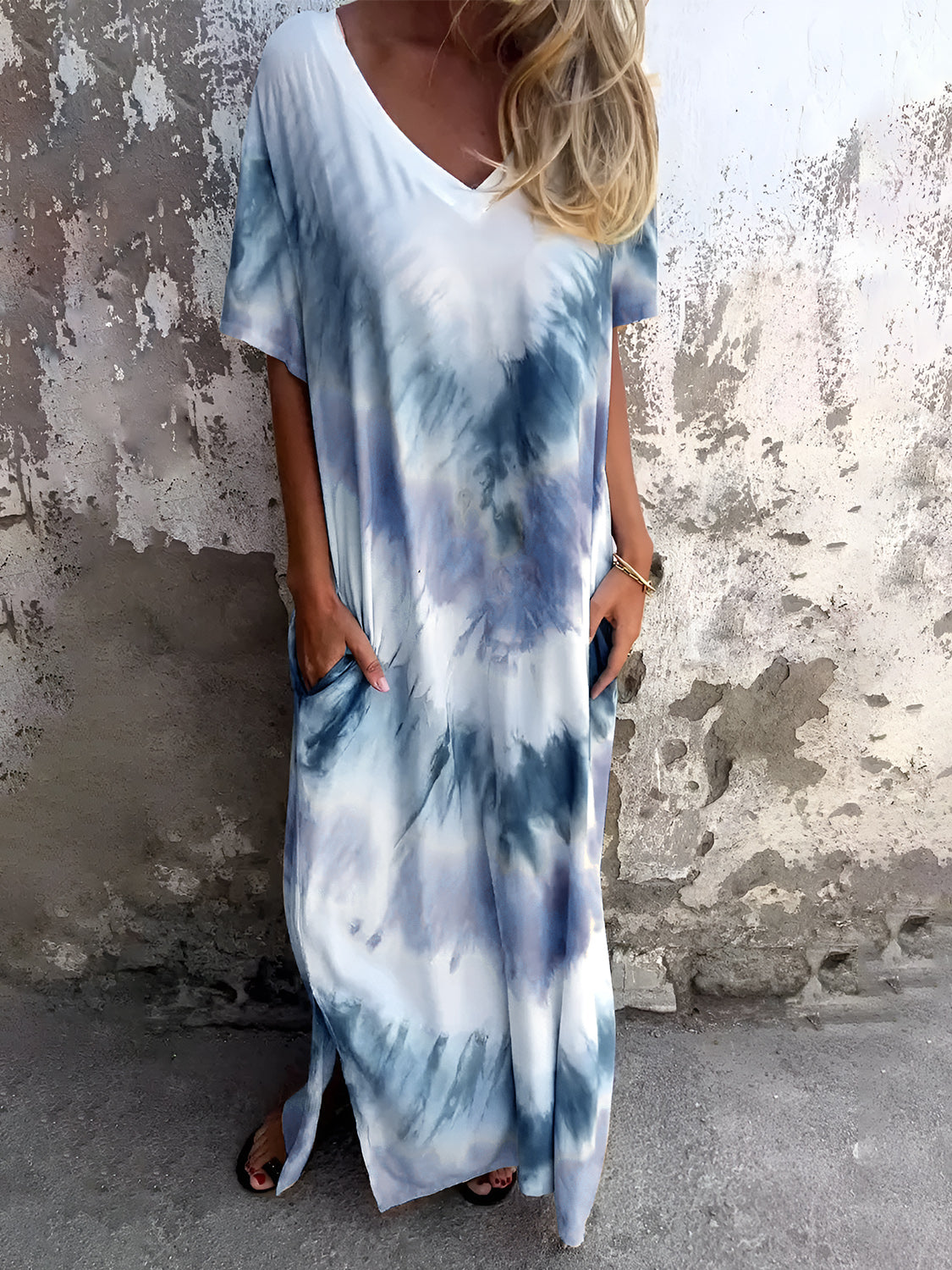 Atreoo – Full Size Pocketed Tie-Dye Short Sleeve Dress