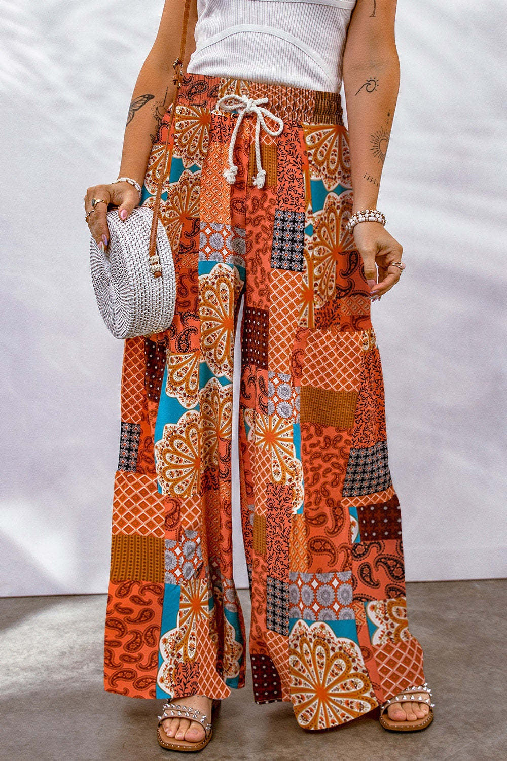 Atreoo – Full Size Drawstring Printed Wide Leg Pants