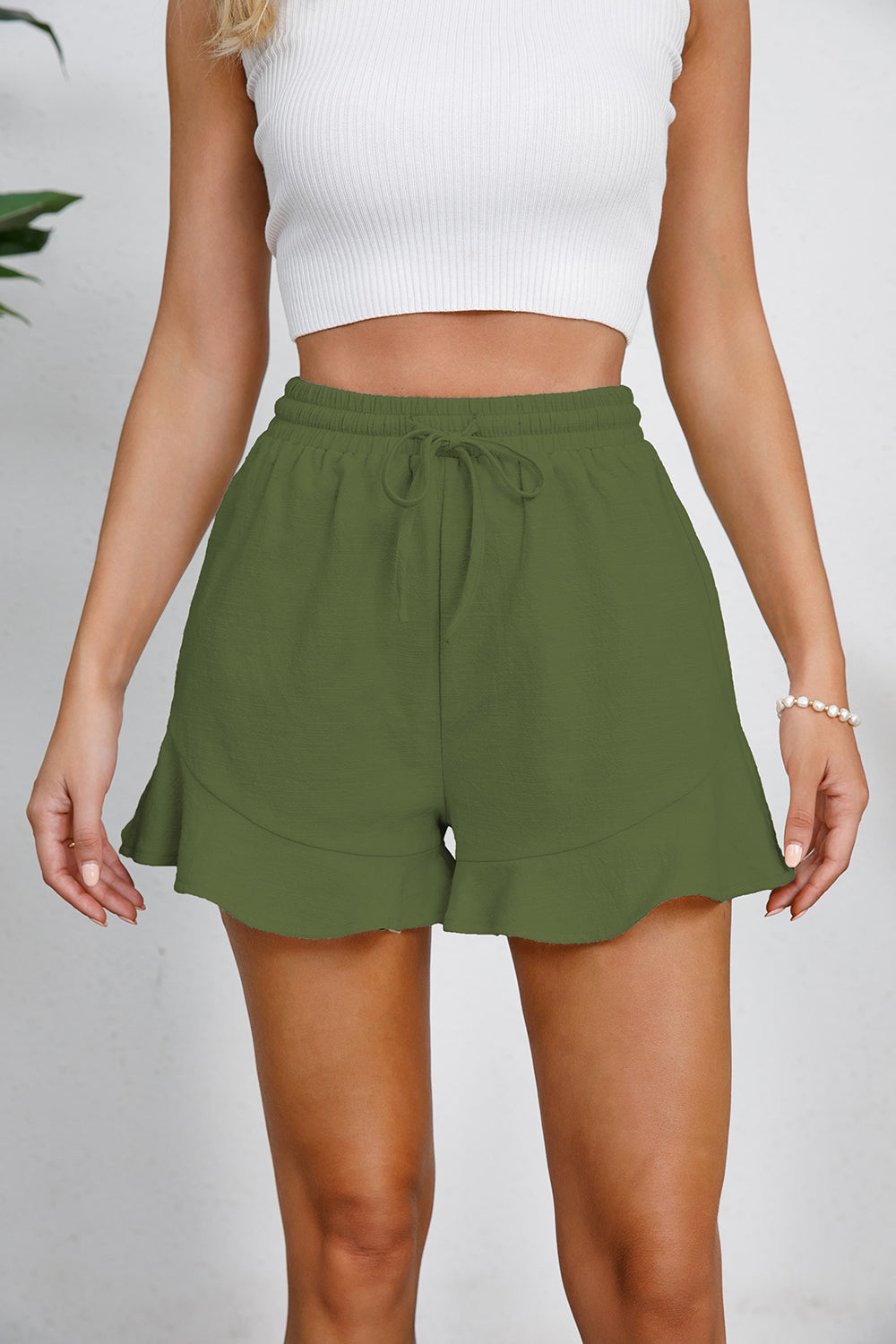 Atreoo – Full Size Drawstring Ruffle Hem Shorts