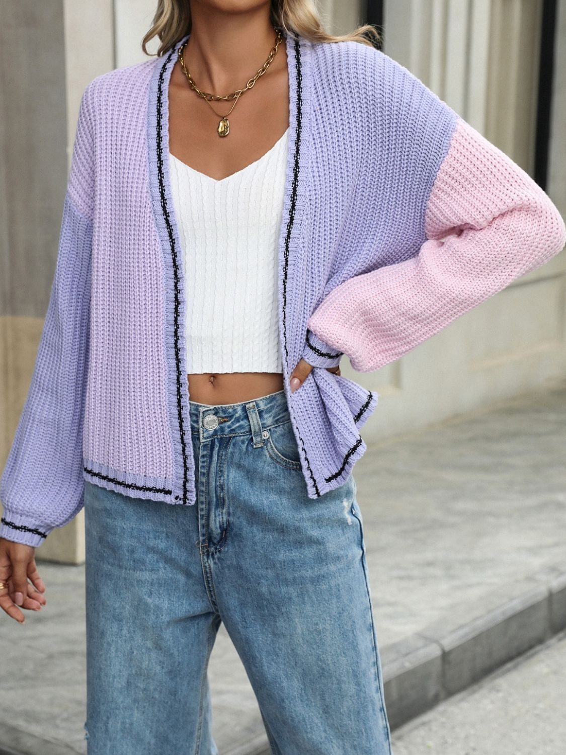 Atreoo – Contrast Open Front Long Sleeve Cardigan