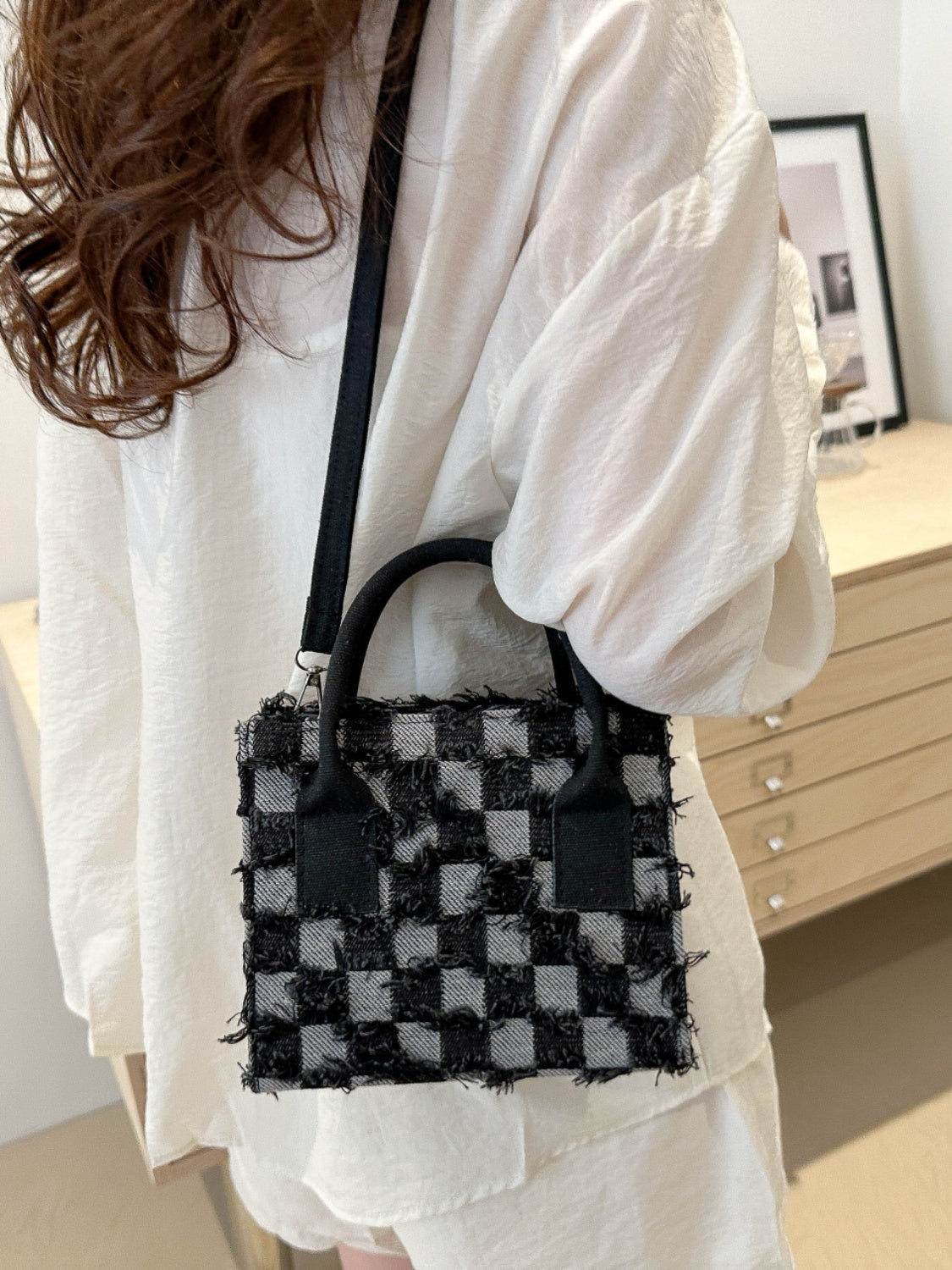 Atreoo – Raw Hem Checkered Denim Handbag