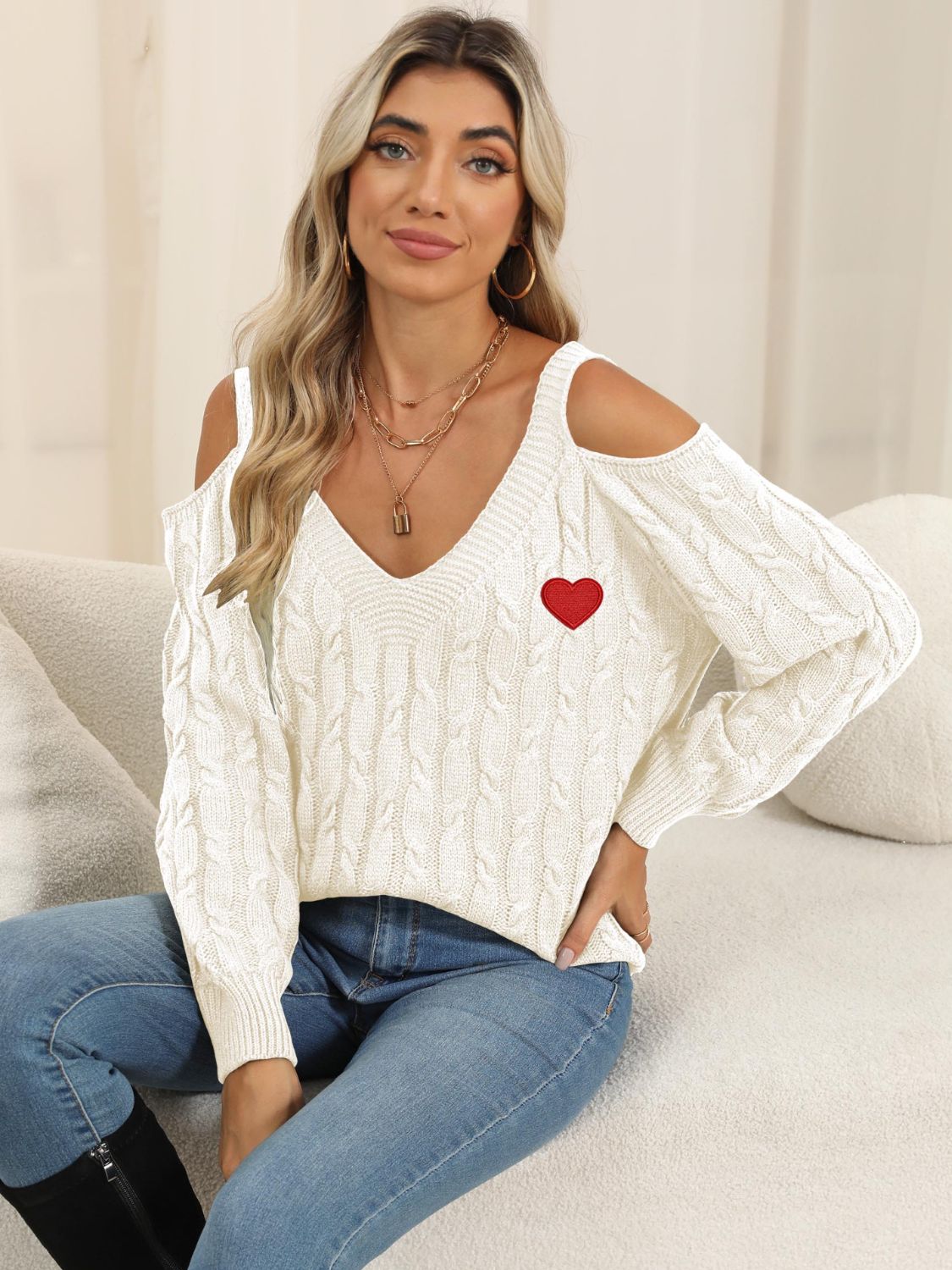 Atreoo – Cable-Knit Heart V-Neck Sweater
