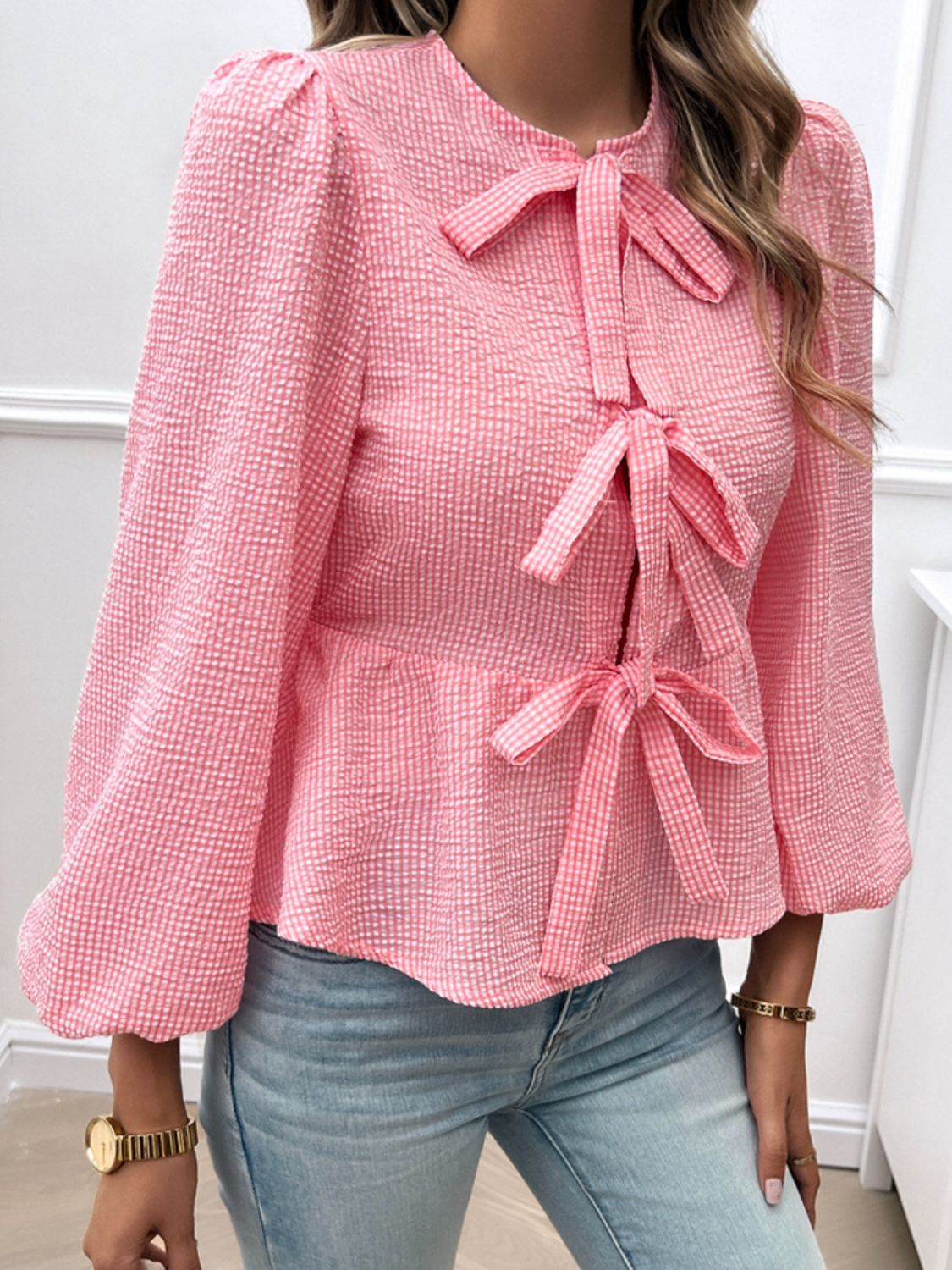 Atreoo – Devine Tied Round Neck Long Sleeve Blouse