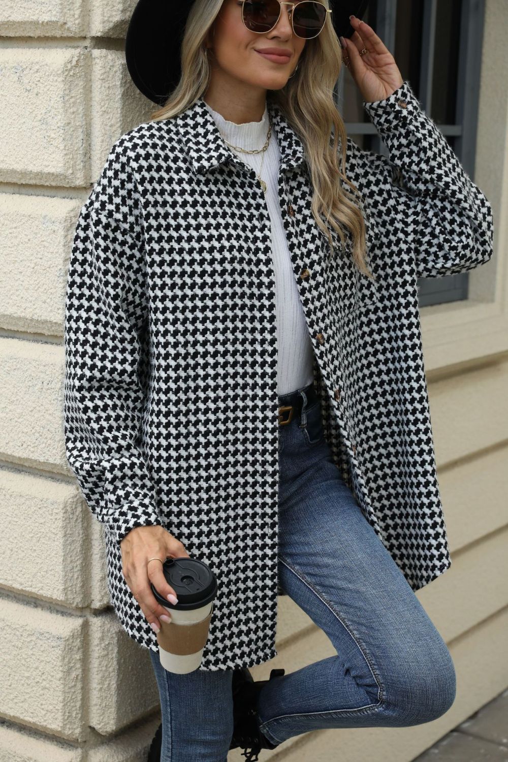 Atreoo – Houndstooth Button Up Dropped Shoulder Coat