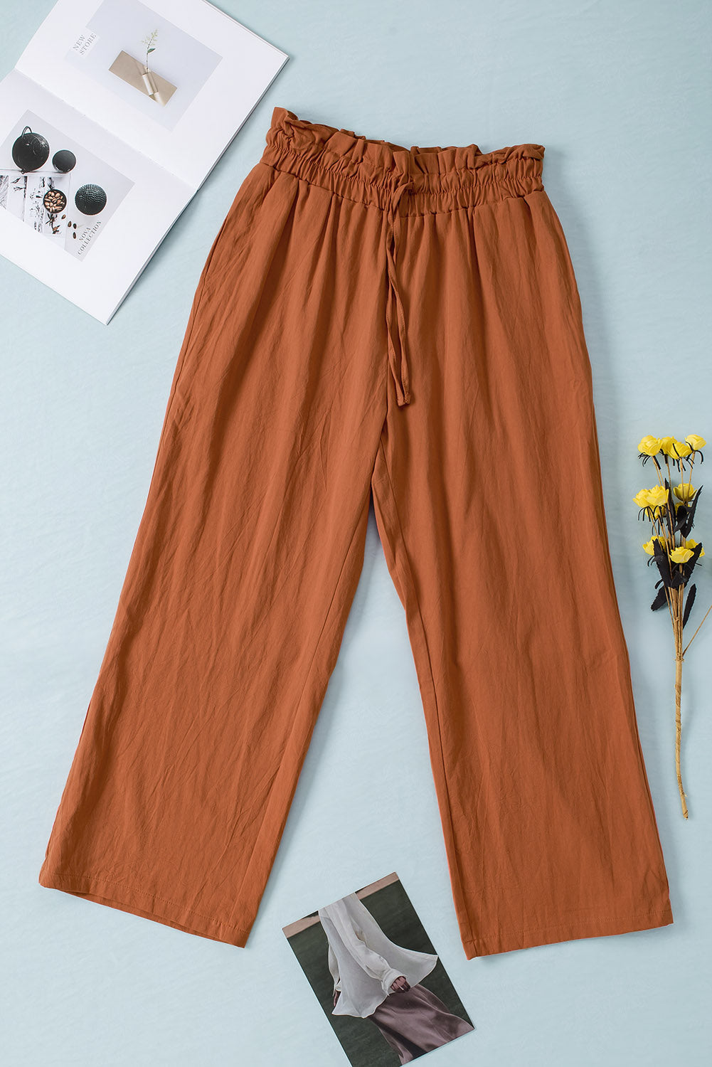 Atreoo – Drawstring Paperbag Waist Wide Leg Pants