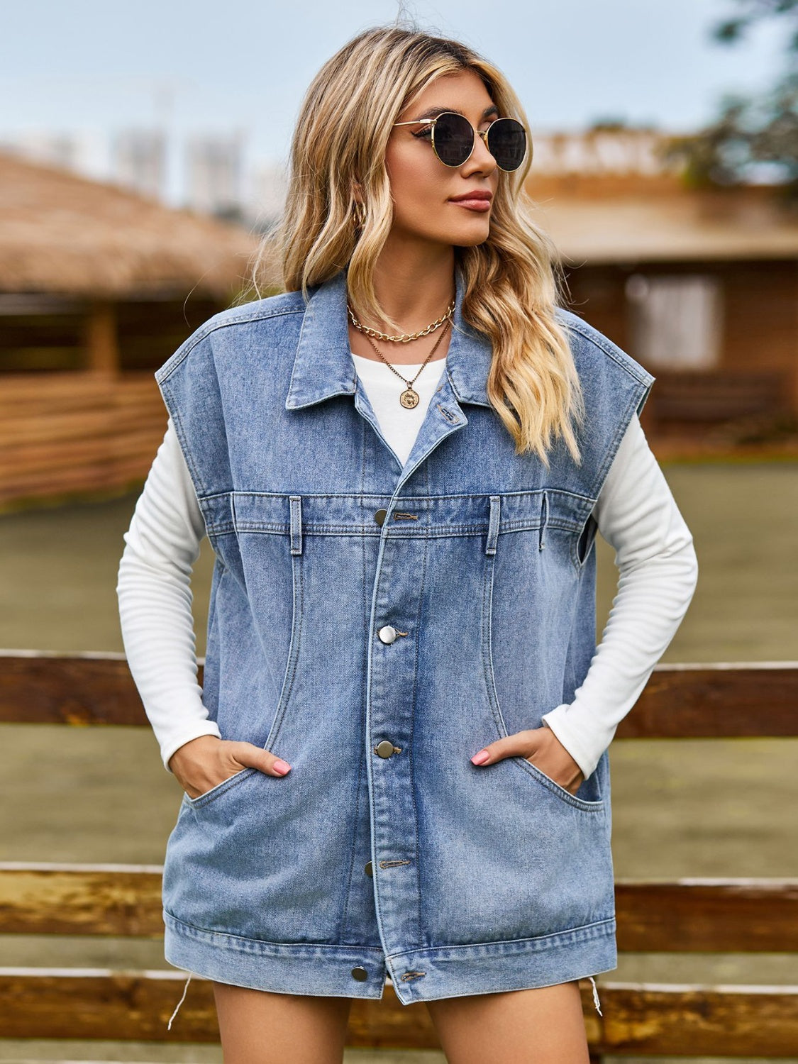 Atreoo – Button Up Collared Neck Sleeveless Denim Jacket