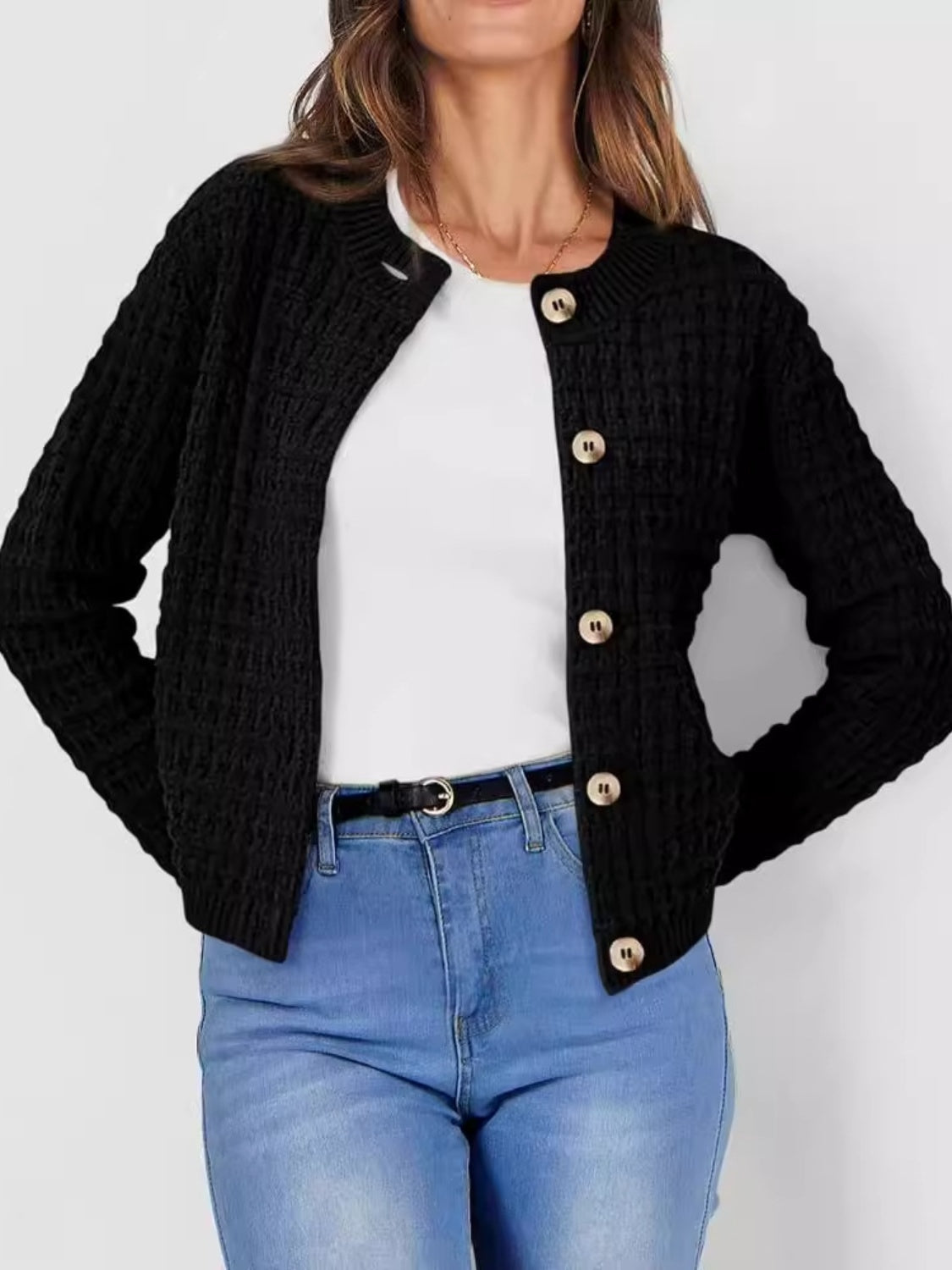 Atreoo – Button Up Round Neck Long Sleeve Cardigan