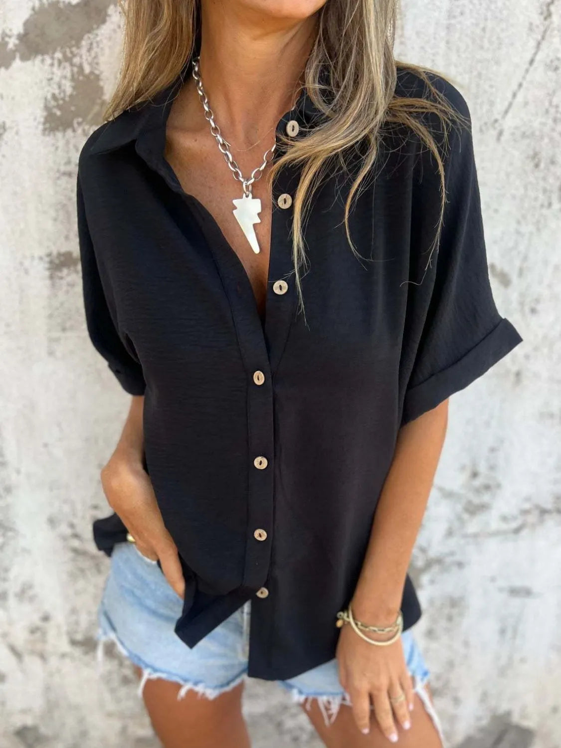 Atreoo – Full Size Collared Neck Half Sleeve Shirt Plus Size