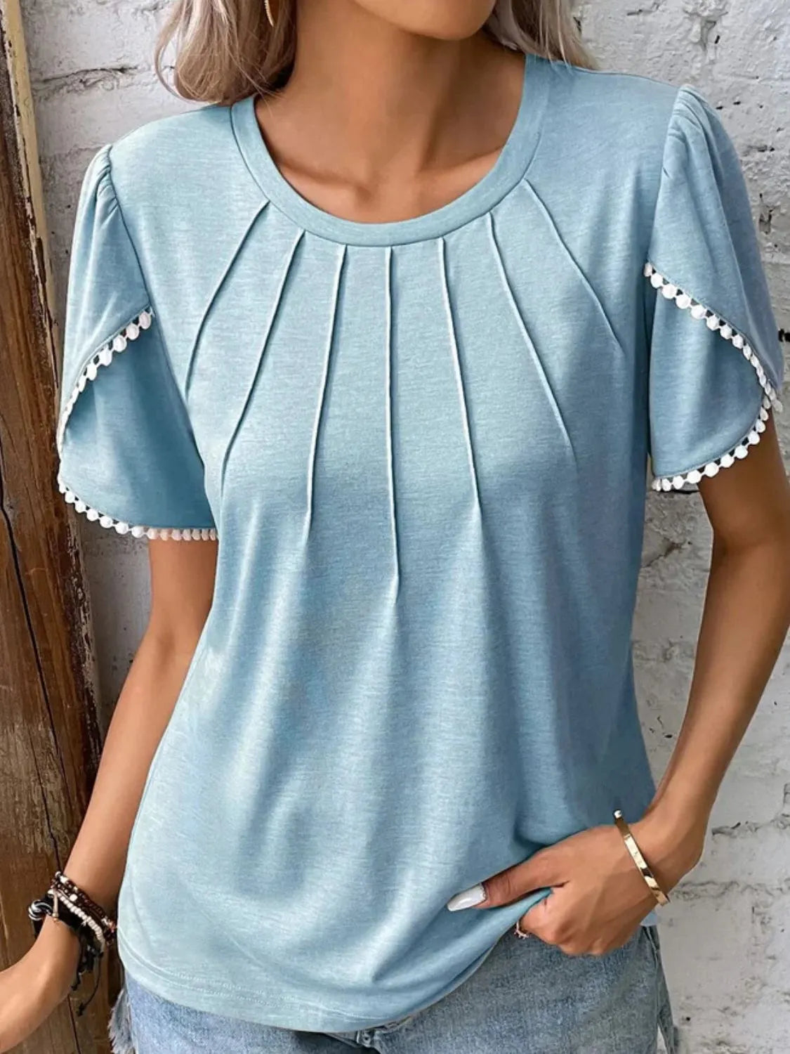 Atreoo – Full Size Round Neck Petal Sleeve Blouse Plus Size