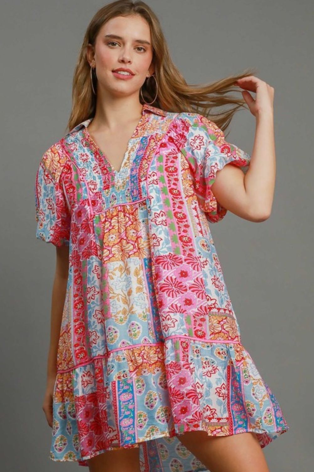 Umgee Full Size Smocked Floral Puff Sleeve Mini Dress Plus Size - Atreoo.com